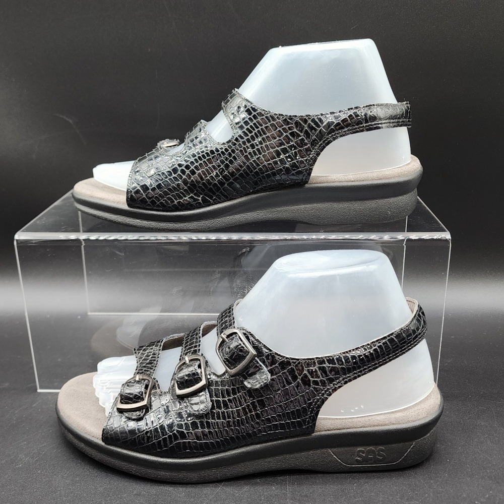 SAS 9 Black Croc Embossed Leather Tripad Comfort Strappy Buckle Slingback Sandal